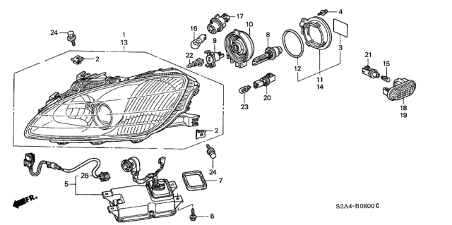 2001 Honda S2000 Headlight Unit, Driver Side Diagram for 04336-S2A-A00