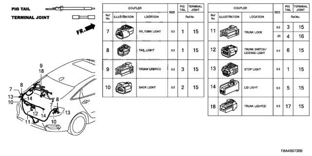 2017 Honda Civic 4 Door TOUR KA CVT Electrical Connector (Rear) Diagram
