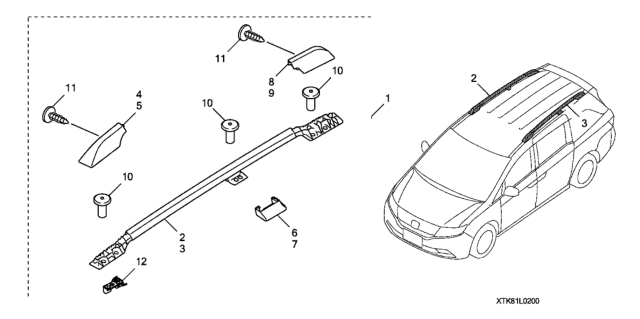 2012 Honda Odyssey Rails - Roof Rack Diagram