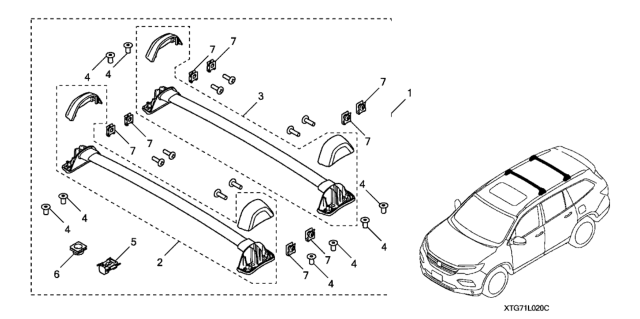 2020 Honda Pilot 5 Door EX (AWD/SENSING) KA 6AT Roof Rack Diagram