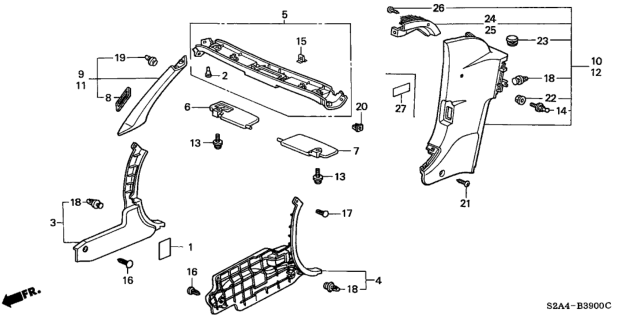 2002 Honda S2000 Garnish Set, L. FR. Pillar *NH167L* (GRAPHITE BLACK) Diagram for 84153-S2A-000ZA