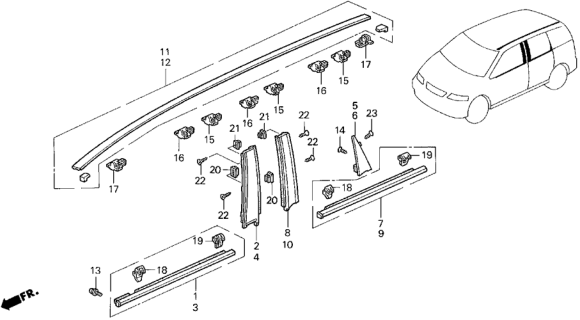 1997 Honda Odyssey Garnish, R. RR. Door Center Diagram for 72930-SX0-003