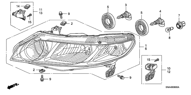 2008 Honda Civic Headlight Unit, Driver Side Diagram for 33151-SNA-A02