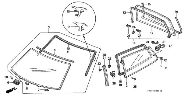 1991 Honda Civic 3 Door STD KL 4MT Windshield Diagram