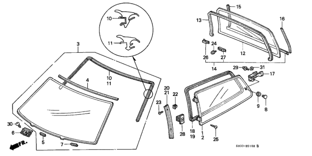 1991 Honda Civic Glass, R. RR. Quarter Diagram for 73500-SH3-A200