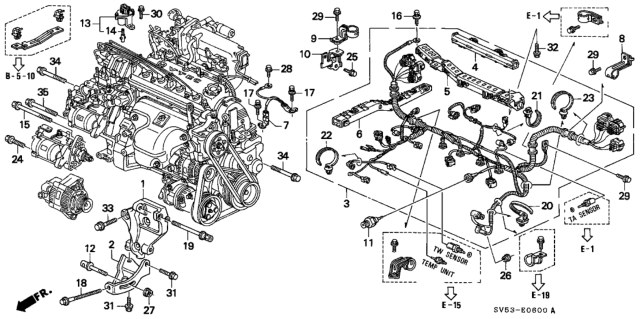 1994 Honda Accord 5 Door LX KA 5MT Engine Wire Harness - Clamp Diagram