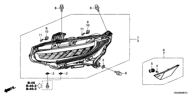 2019 Honda Civic Headlight Assembly, Passenger Side Diagram for 33100-TBA-A23