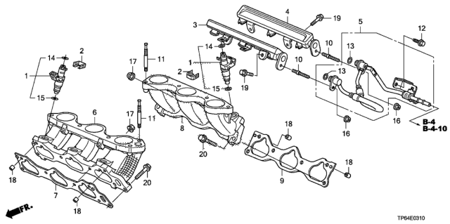 2010 Honda Crosstour 5 Door EX (2WD) KA 5AT Fuel Injector (V6) Diagram