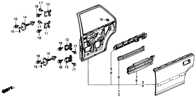 1990 Honda Civic 4 Door LX KA 4AT Rear Door Panels Diagram