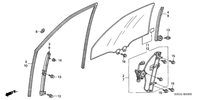 2004 Honda Insight Regulator Assembly, Right Front Door Power Diagram for 72210-S3Y-A03