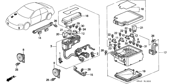 1994 Honda Civic Box Assembly, Main Fuse Diagram for 38250-SR3-A51