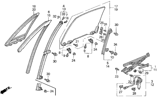 1994 Honda Del Sol 2 Door V-TEC KA 5MT Door Glass Diagram