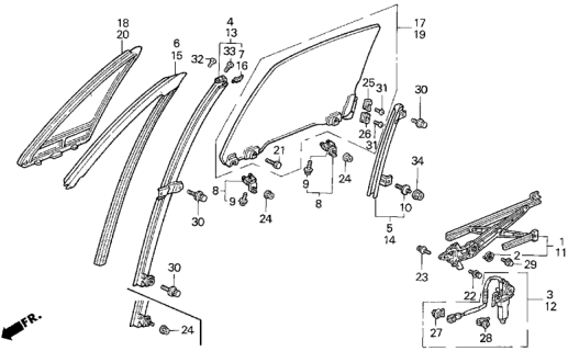 1995 Honda Del Sol Motor Assembly, Passenger Side Window Diagram for 72215-SR2-013