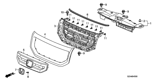 2011 Honda Pilot Base, Front Grille (Bumper Dark Gray) Diagram for 75101-SZA-A01ZA