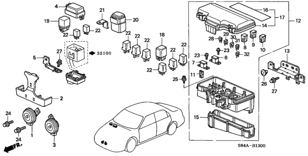 2002 Honda Accord 4 Door LX (V6) KA 4AT Control Unit (Engine Room) Diagram