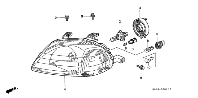 2000 Honda Civic Headlight Unit, Passenger Side Diagram for 33101-S01-A02