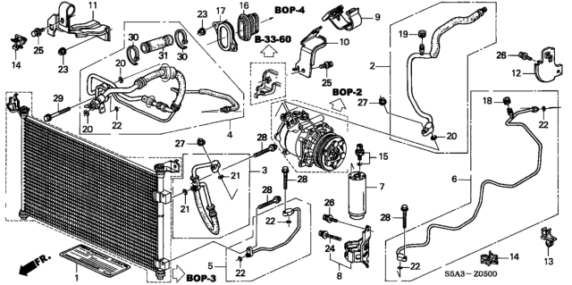2002 Honda Civic 4 Door DX KA 5MT A/C Hoses - Pipes Diagram