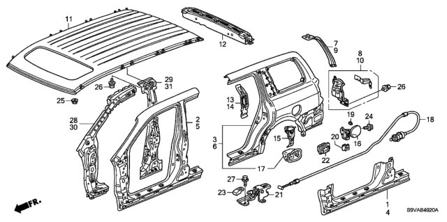 2008 Honda Pilot 5 Door EXL (2WD) KA 5AT Outer Panel - Roof Panel Diagram
