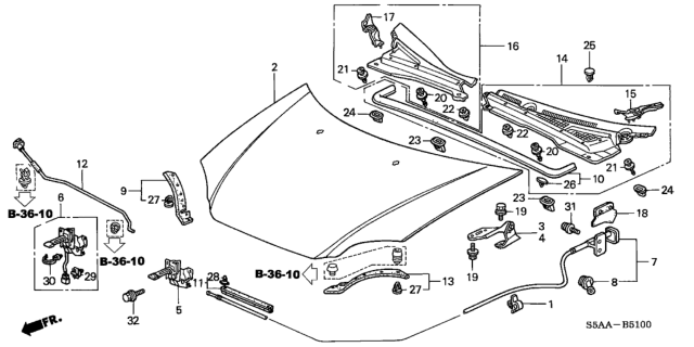 2004 Honda Civic 4 Door EX KA 5MT Hood Diagram