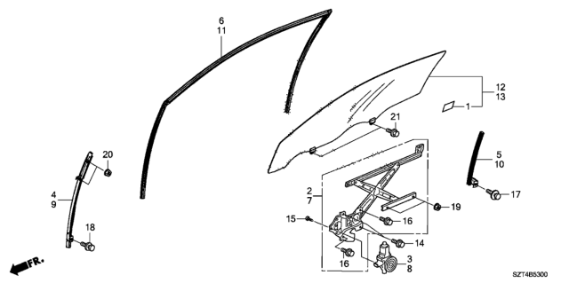 2011 Honda CR-Z Glass Assy., R. FR. Door (Green)(Agc) Diagram for 73300-SZT-A00