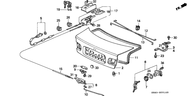 1993 Honda Civic Spring, R. Trunk Opener Diagram for 74871-SR8-A00