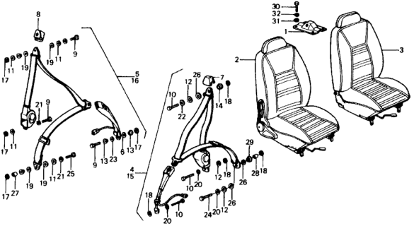 1975 Honda Civic 2 Door ** (1500) KA HMT Front Seat - Seat Belt Diagram