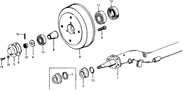 1976 Honda Civic Rear Brake Drum - Axle Beam Diagram
