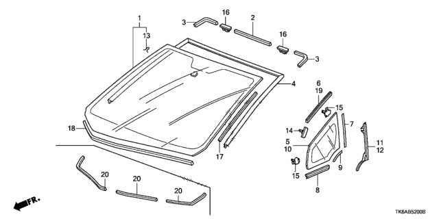 2013 Honda Fit Clip, FR. Corner Windshield Glass Diagram for 91502-TF0-003