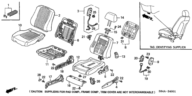 2002 Honda Accord 4 Door LX (V6) KA 4AT Front Seat (Passenger Side) Diagram