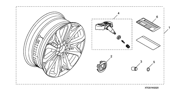 2020 Honda Passport 5 Door TRG (2WD) KA 9AT Alloy Wheel Diagram