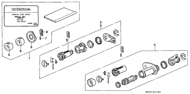 1994 Honda Civic 3 Door SI (ABS) KA 5MT Key Cylinder Kit Diagram