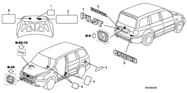 2008 Honda Pilot Emblems - Caution Labels Diagram