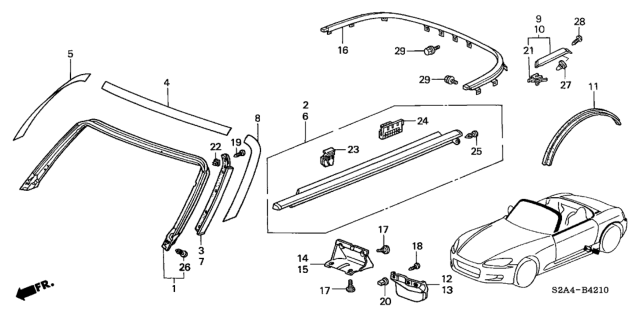 2003 Honda S2000 Molding, L. RR. Windshield *Y52P* (SPA YELLOW PEARL) Diagram for 74317-S2A-003ZF