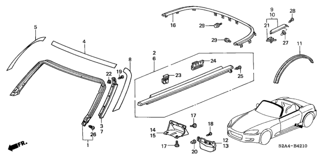 2007 Honda S2000 Molding, L. RR. Windshield *NH565* (GRAND PRIX WHITE) Diagram for 74317-S2A-003ZC