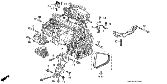 1998 Honda Odyssey 5 Door LX (6 SEATS) KA 4AT Alternator Bracket - Engine Stiffener Diagram