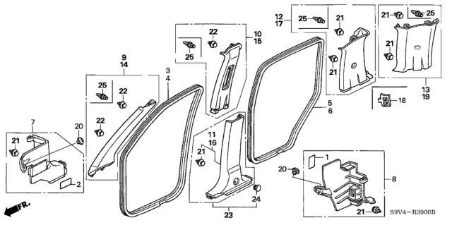 2004 Honda Pilot 5 Door EXL (RES) KA 5AT Pillar Garnish Diagram