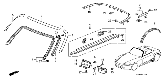 2008 Honda S2000 Molding, L. RR. Windshield *NH745M* (SYNCHRO SILVER METALLIC) Diagram for 74317-S2A-003ZW