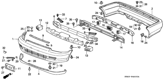 1995 Honda Civic Spacer Assy., RR. Bumper Side Diagram for 71598-SR4-000