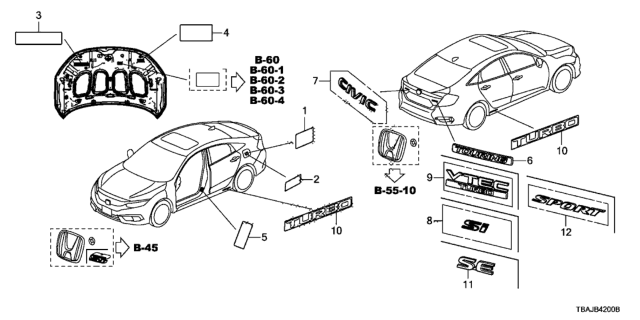 2019 Honda Civic Emblems - Caution Labels Diagram