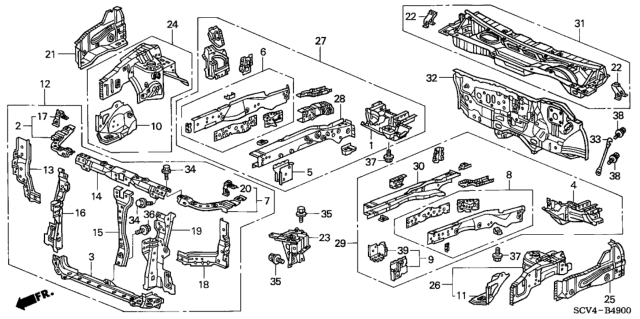 2003 Honda Element Frame Set, Driver Side Bulkhead (Upper) Diagram for 04611-SCV-A00ZZ