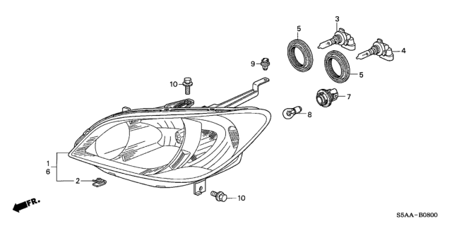 2004 Honda Civic Headlight Unit, Passenger Side Diagram for 33101-S5A-A51