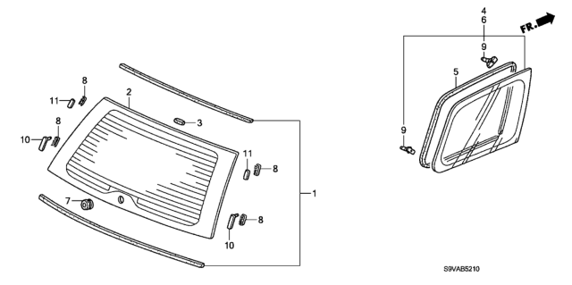 2008 Honda Pilot 5 Door EX (2WD) KA 5AT Rear Windshield - Quarter Glass Diagram