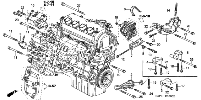 2001 Honda Civic Bracket Set, Engine Mount Diagram for 04111-PLC-305