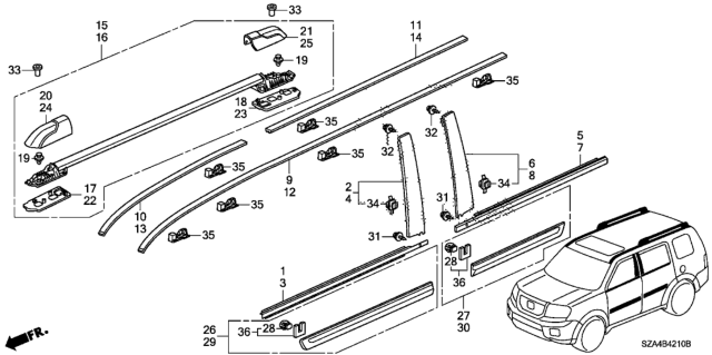 2009 Honda Pilot Molding - Roof Rail Diagram