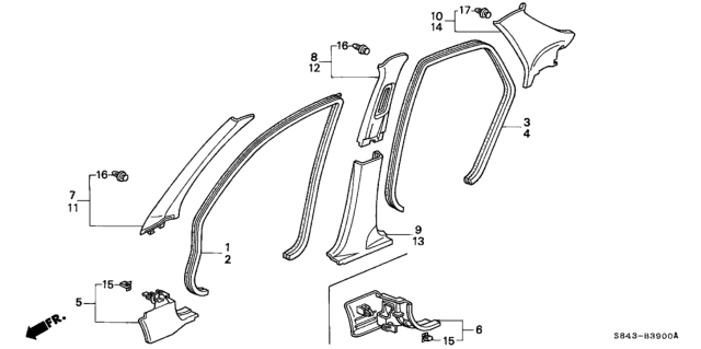 1999 Honda Accord 4 Door LXV6 KA 4AT Pillar Garnish Diagram