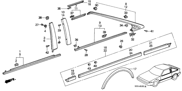 1989 Honda Accord Clip, RR. Pillar Molding Diagram for 90659-SB0-003