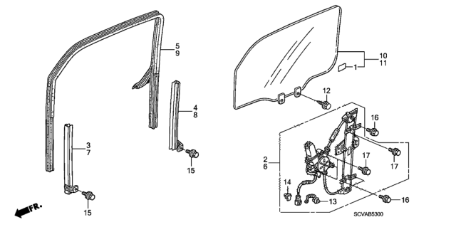 2009 Honda Element 5 Door EX (4WD) KA 5AT Front Door Glass  - Regulator Diagram