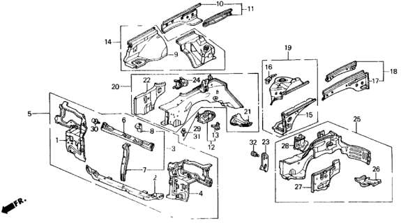 1988 Honda Civic Panel Set, Right Front Bulkhead Diagram for 04601-SH3-300ZZ