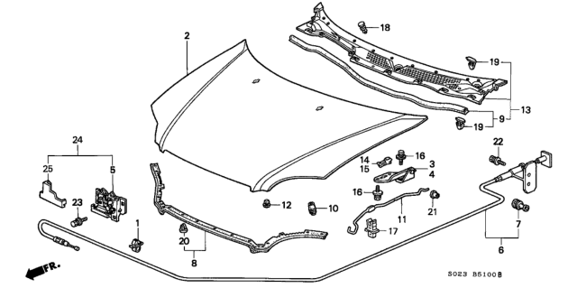 1999 Honda Civic 2 Door EX (ABS) KA 4AT Hood Diagram