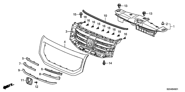 2015 Honda Pilot Bar., R. FR. Grille (Upper) Diagram for 75103-SZA-A11